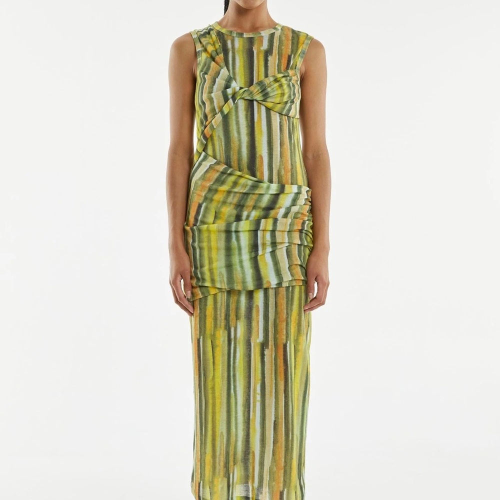 Green and Yellow Ruched Sheath Midi Dress